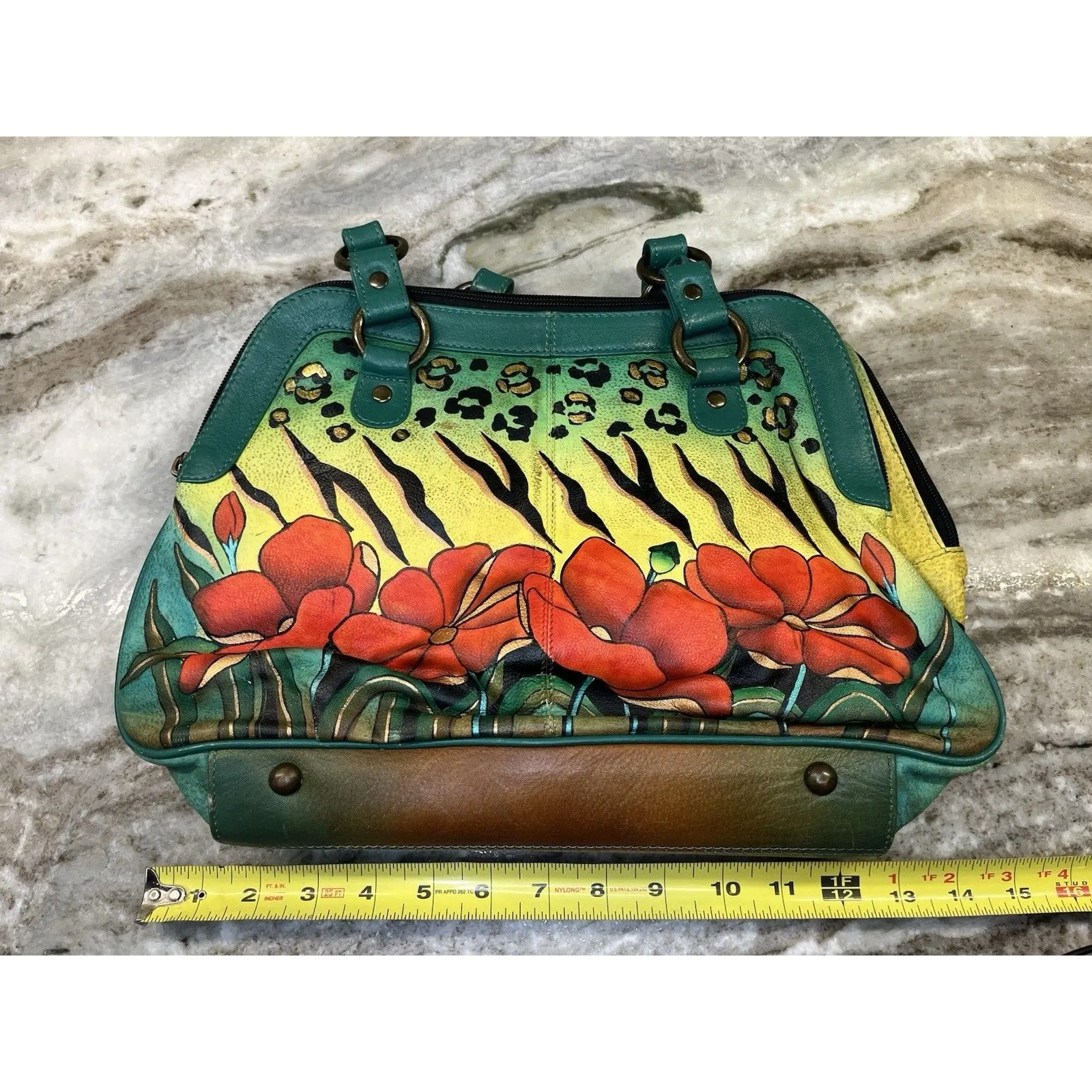 Anuschka Hand Painted Art Leather Tiger Leopard  Hibiscus Satchel Purse W/Coin - Image 2