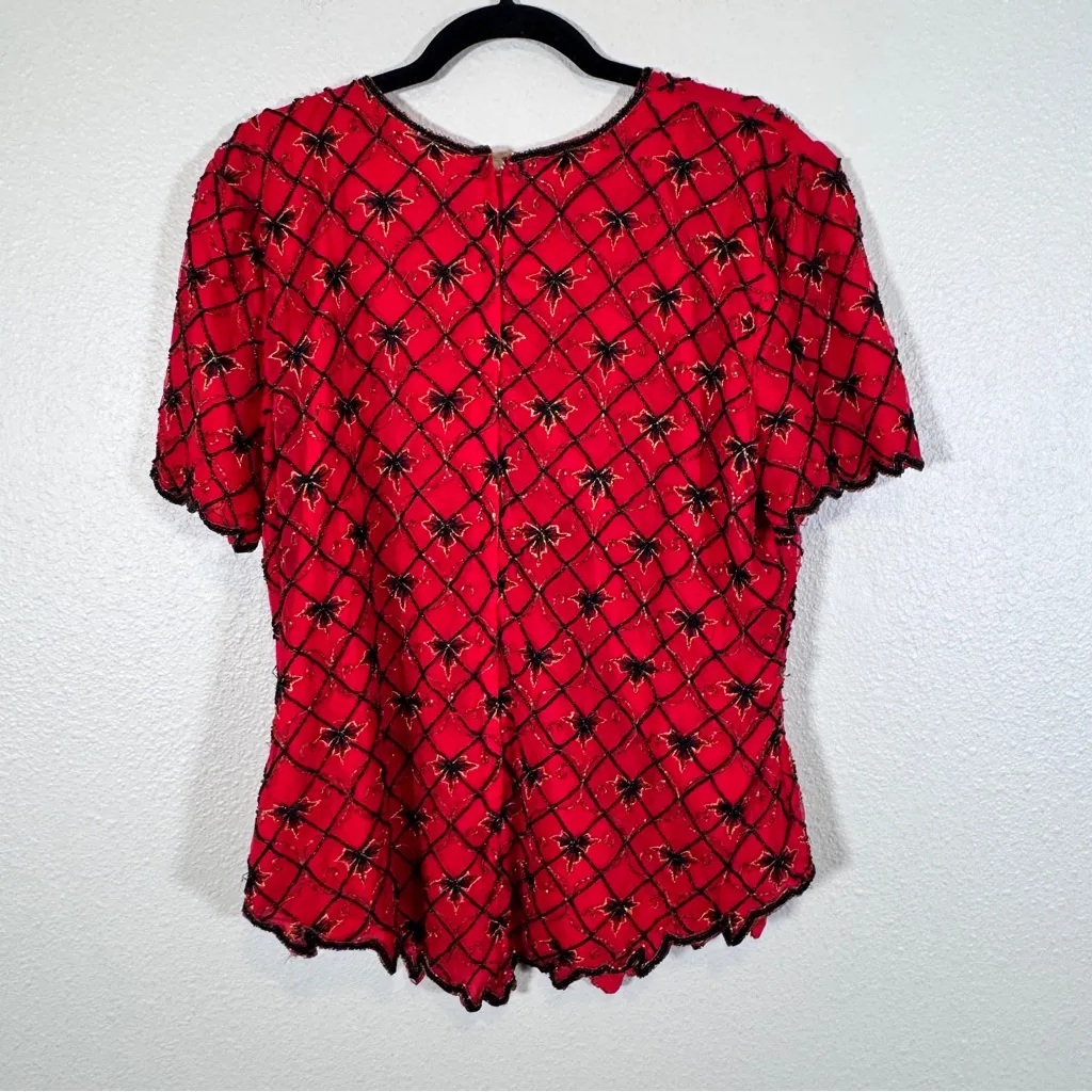 Vintage Stenay Red Silk Black Beaded Short Sleeve Blouse Womens XL Christmas Bow - Image 3
