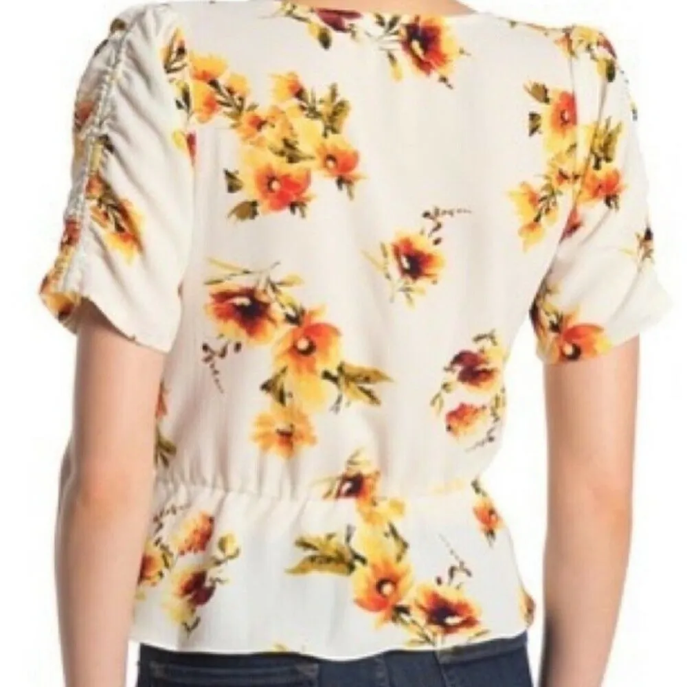 Socialite Blouse Size XS Women's Floral Short Sleeve V Neck Button Peplum Waist - Image 2