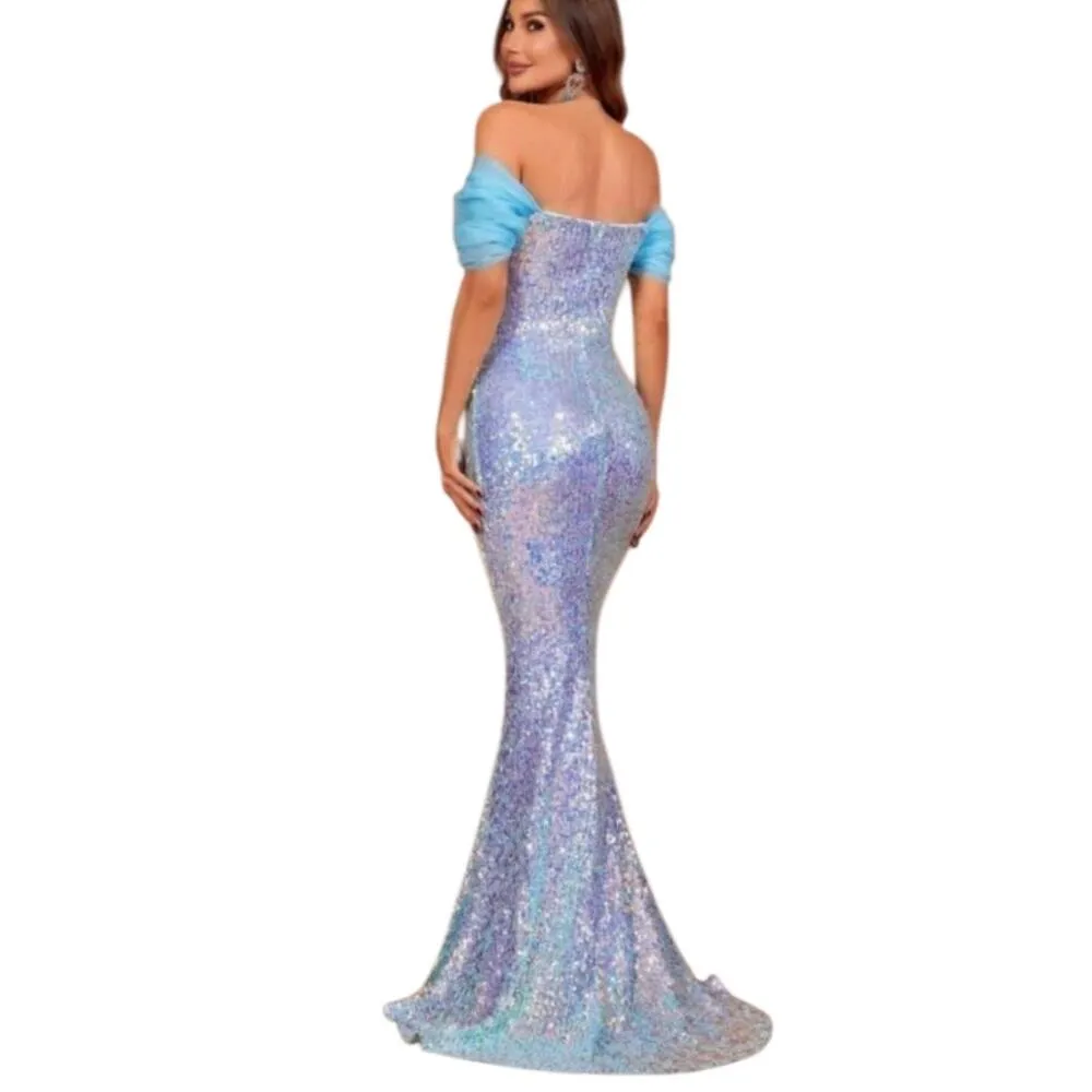 Faeriesty Formal Sequin Evening Gown XS Blue Off Shoulder Mermaid Party Dress - Image 2