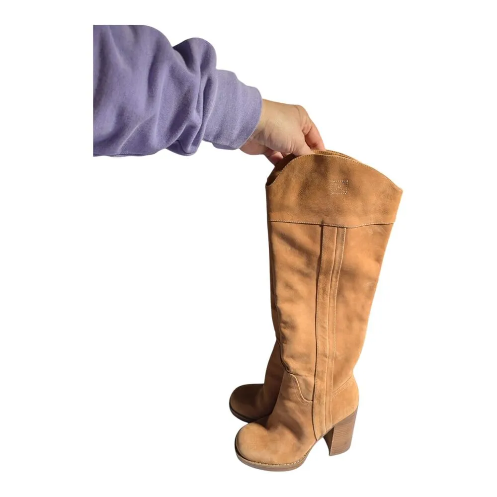 JLO Parid Camel Tan Nubuck Leather Over The Knee Block Heel Campus Boots Sz 8 - Image 8