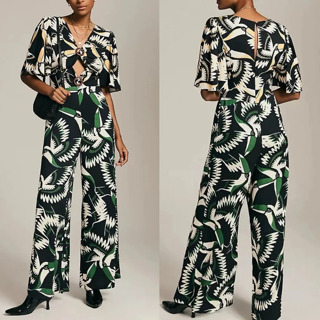 Anthropologie Farm Rio Toucan Print Wide-Leg Jumpsuit  XL Black Green - Image 3