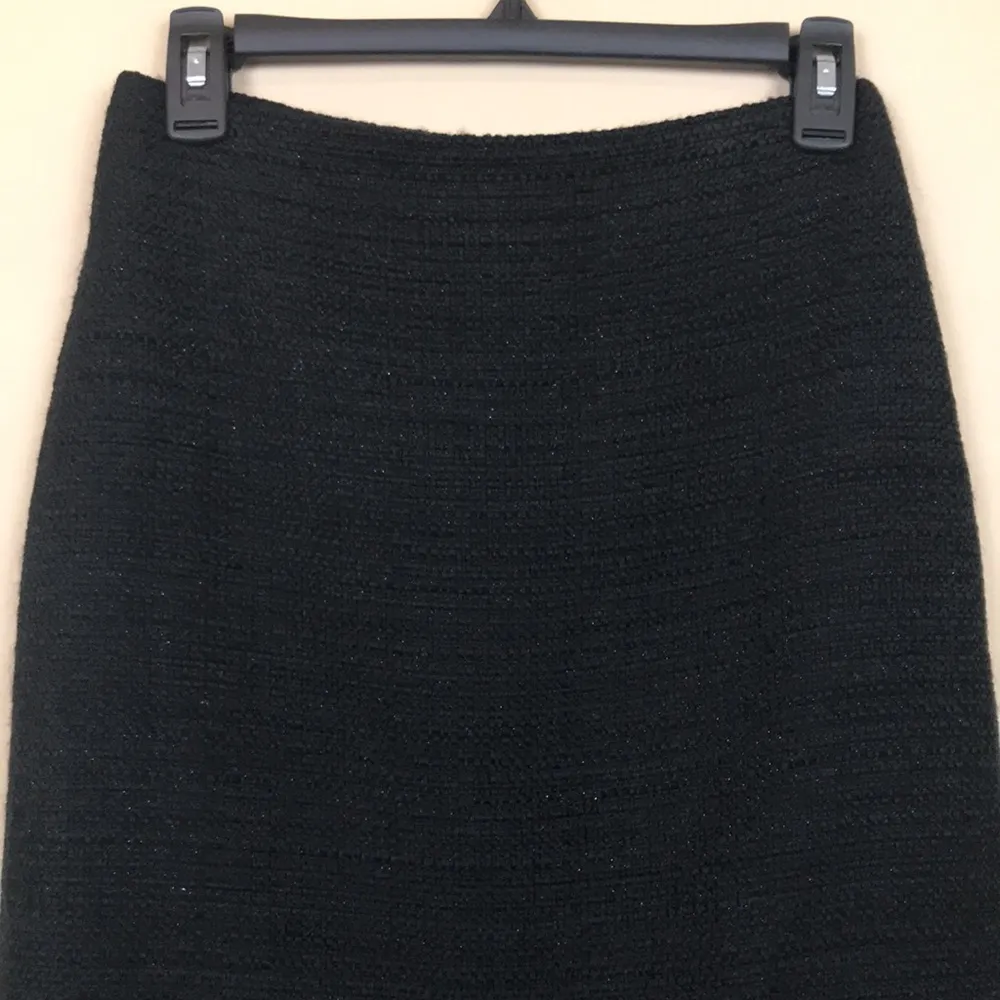 Theory Women’s Virgin Wool Alpaca Tweed Knit Black Metallic Silver Pencil Skirt - Image 2