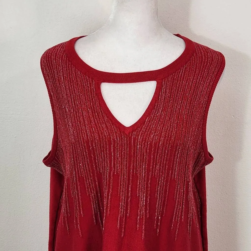 Ashley Stewart Red Sleeveless Top with Silver Accents Size 14-16 Red Sparkly Top - Image 2