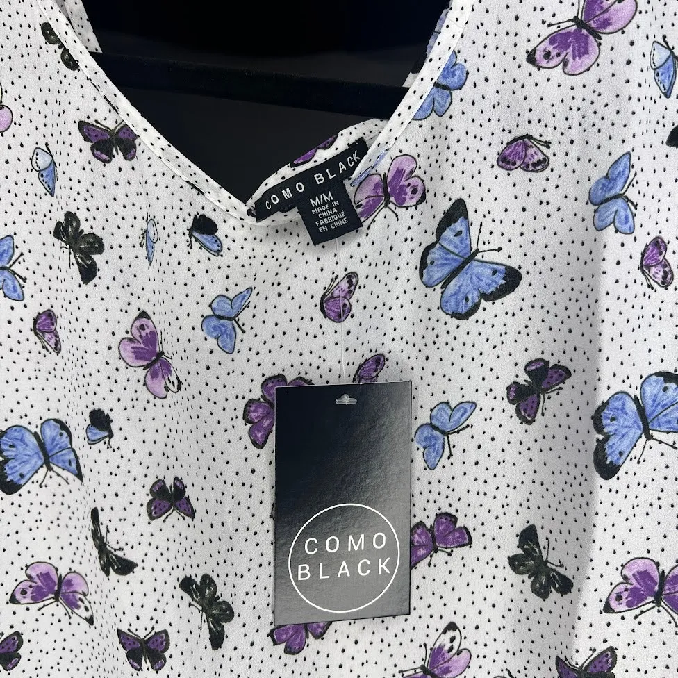 Como Black (M) Ruffle Hem Tie Side Open Upper Back Butterfly Top Blouse - Image 6