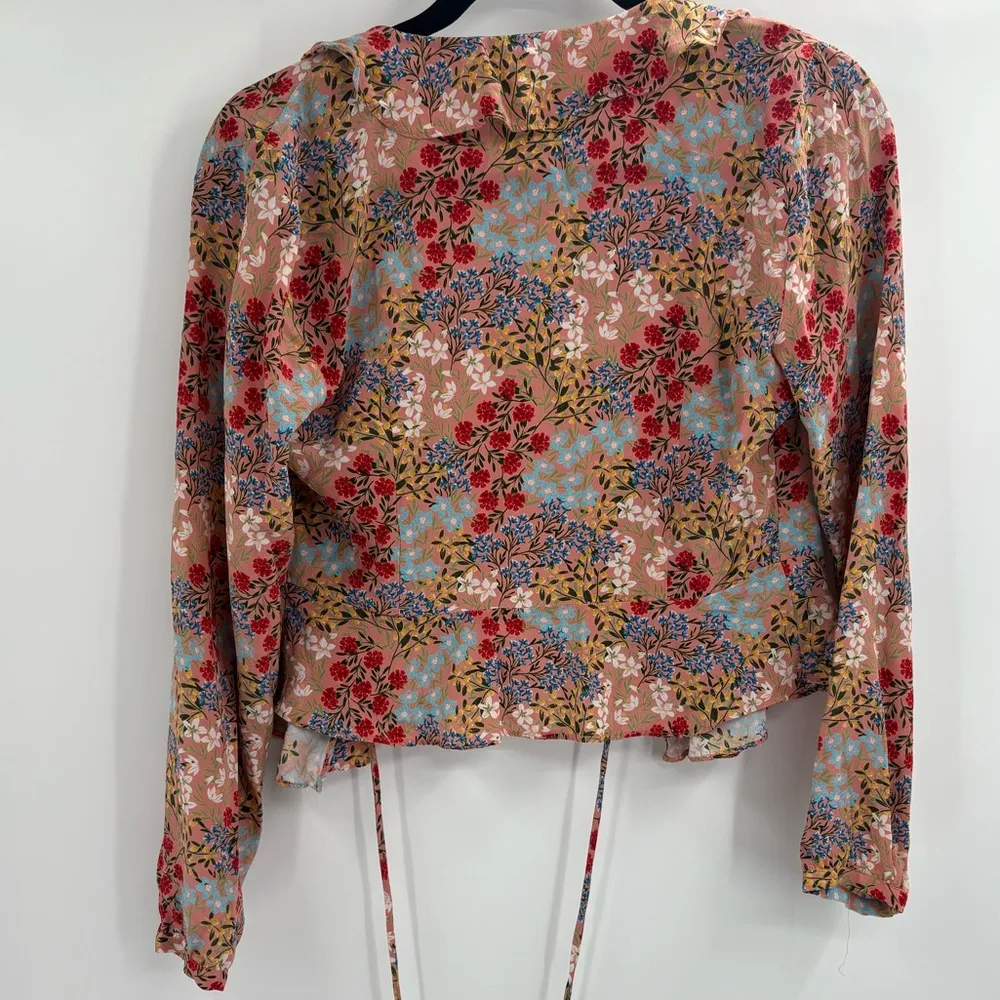 INTERMIX Silk printed Floral Ruffle Blouse Top Tie Front V-Neck Boho size 2 - Image 10