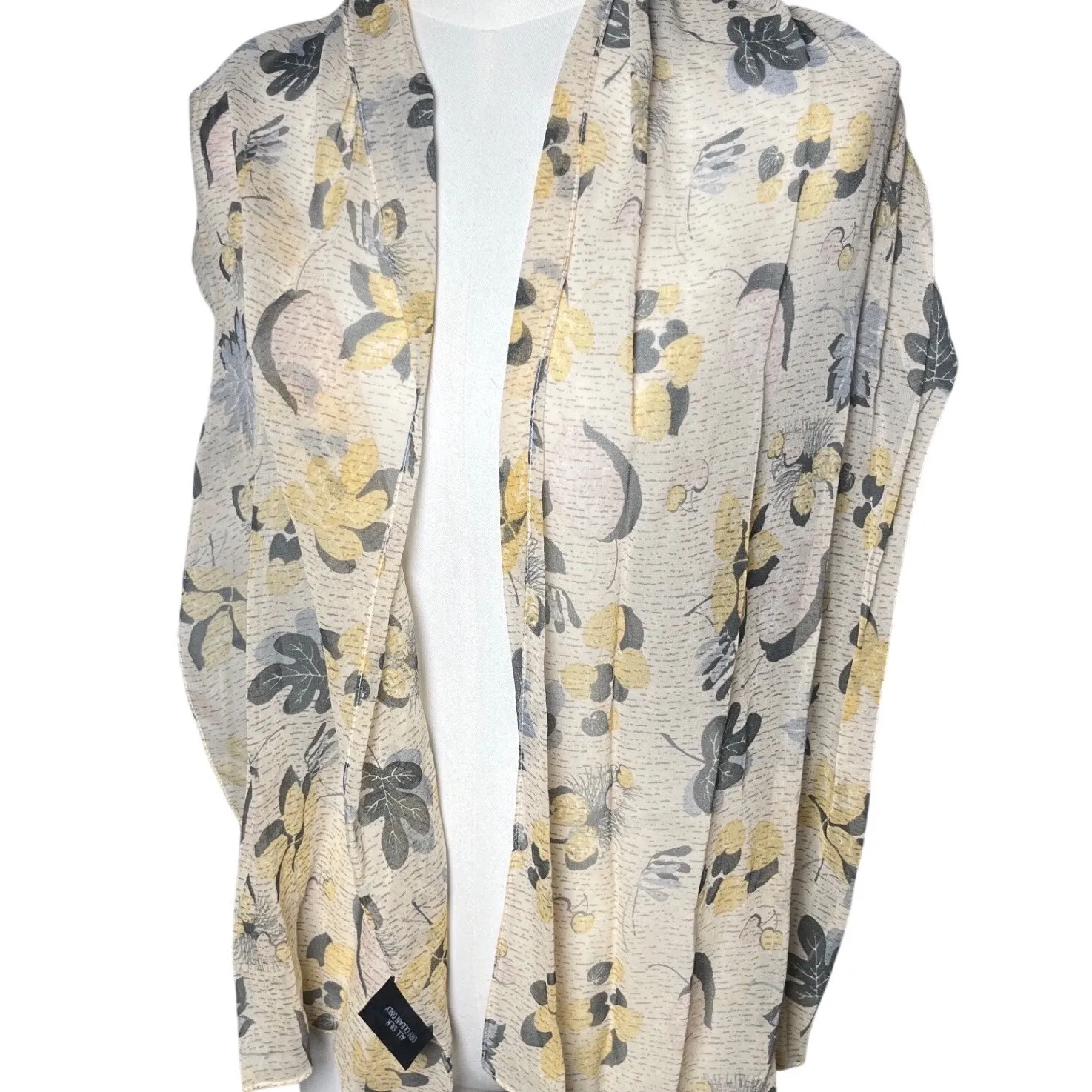 Abstract Leaf Print Silk Scarf Gray Green Yellow Kenneth Cole New York - Image 3