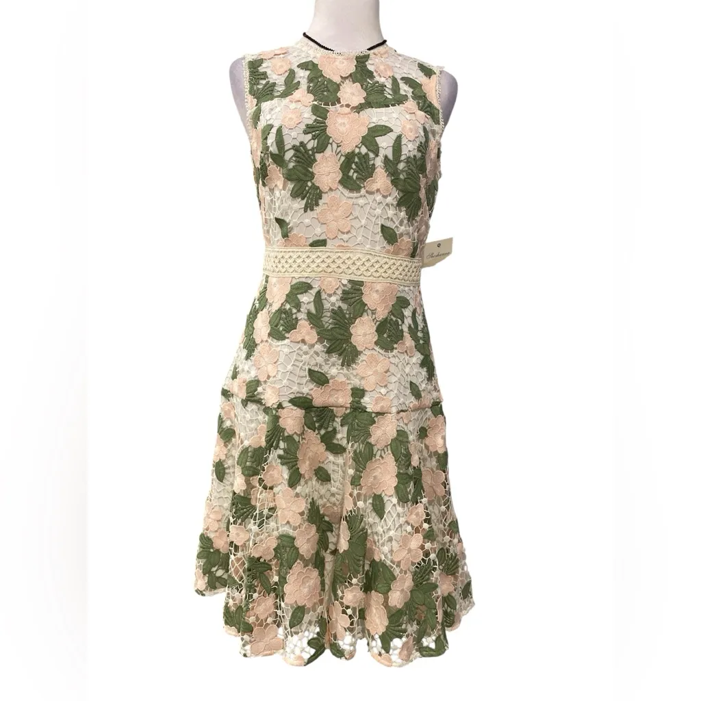 Shoshanna Green and Cream Floral Lace Midi Dress Women's Roseia Cocktail Size 4 - Image 2