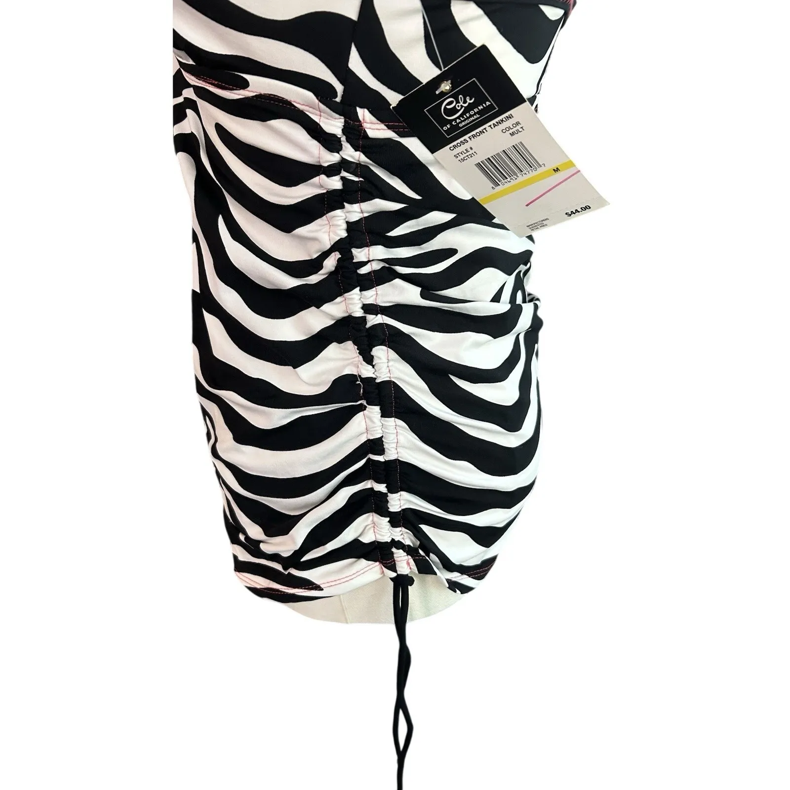 Tankini NWT Cross Front Zebra Ruched w/ Ties Beach Pool Lake Baby Doll Med Black - Image 4