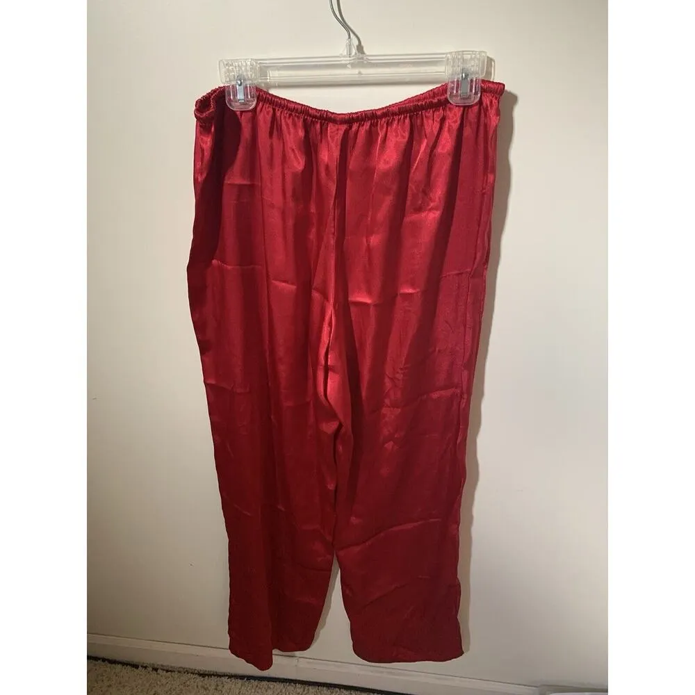 Vintage Pink by KMart 2 Piece Satin Pajama Set Womens Large Red Embroider Pocket - Image 9