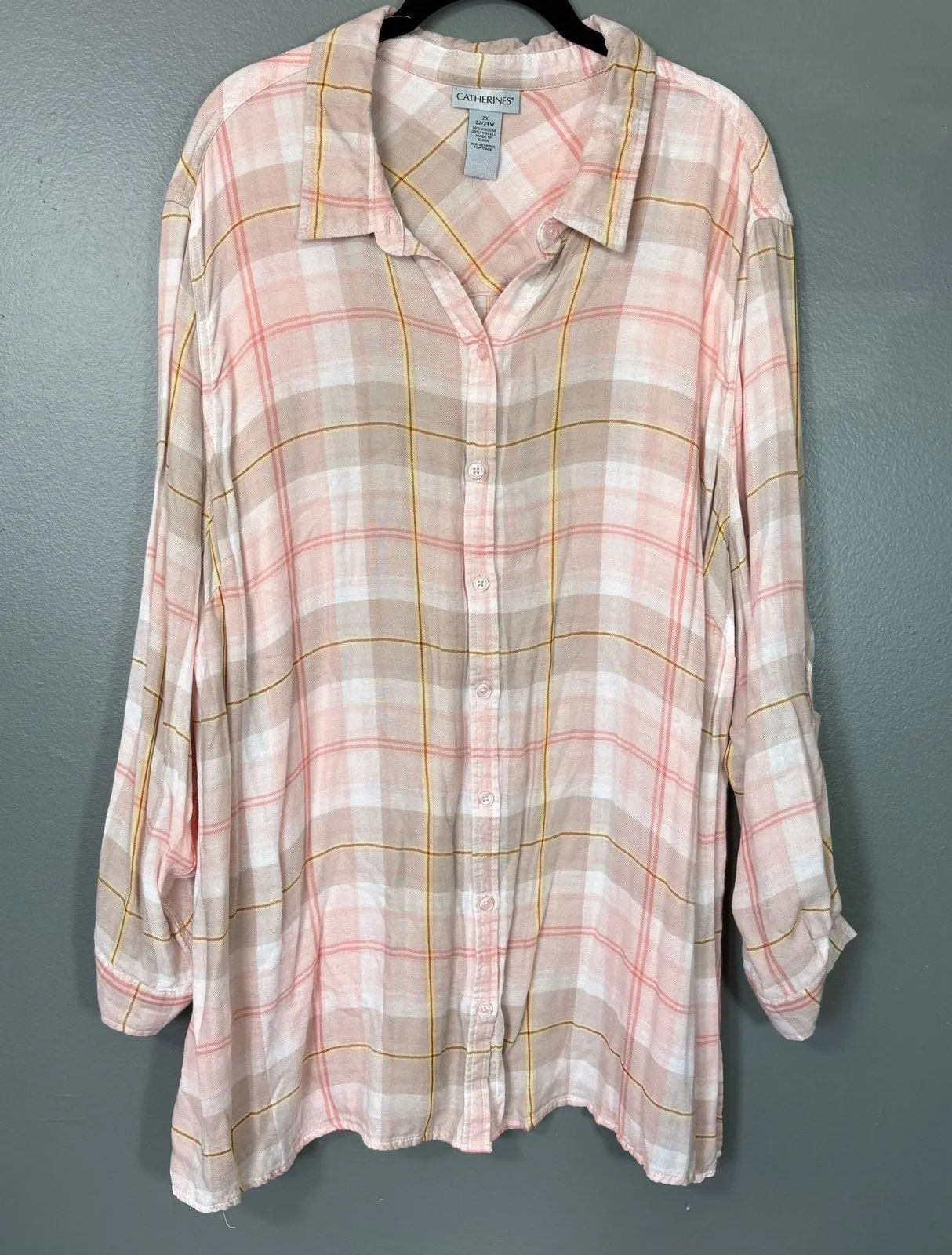 Catherines Pink Plaid Button Up Shirt - Size 2X (22/24W) - Women's Plus Size Top - Image 1