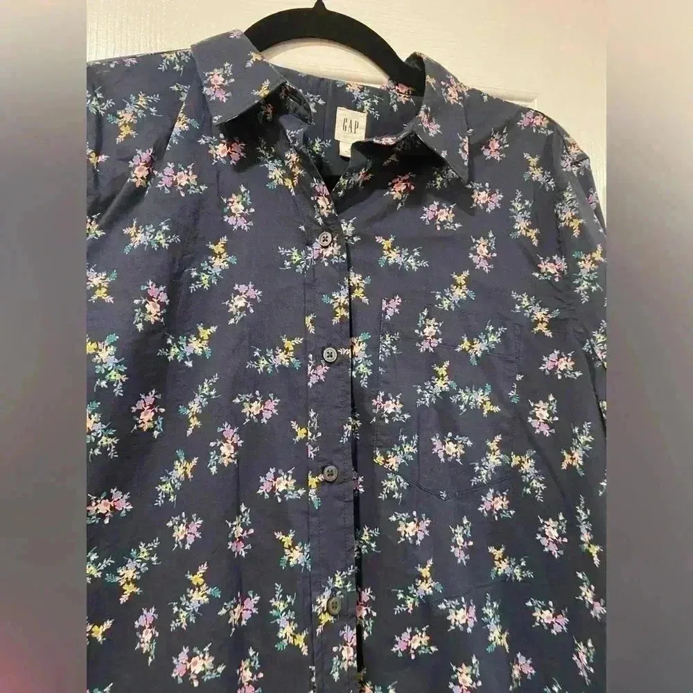 Gap Navy Blue Floral Cotton Long Sleeve Collared Button Down Size Small - Image 2
