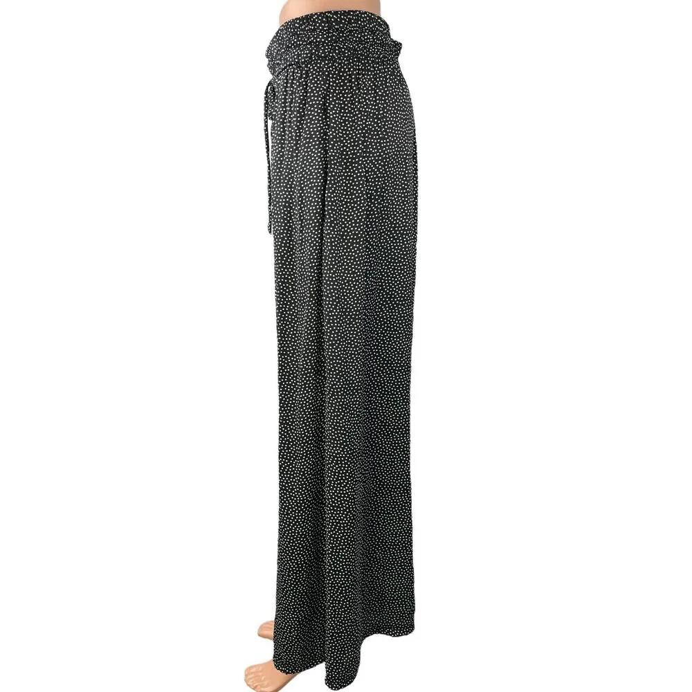 Zara Black Polka Dot Wide Baggy Palazzo Leg Drawstring Boho Trousers Pants L - Image 2