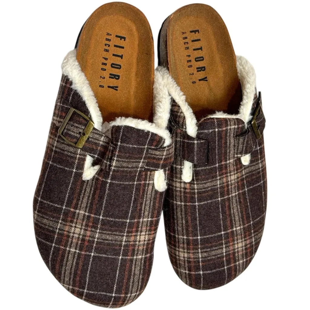 NWOT Fitory Plaid Mule Slip Ons Cork Footbed Cozy Cabincore Holiday Women’s 12 Brown - Image 8