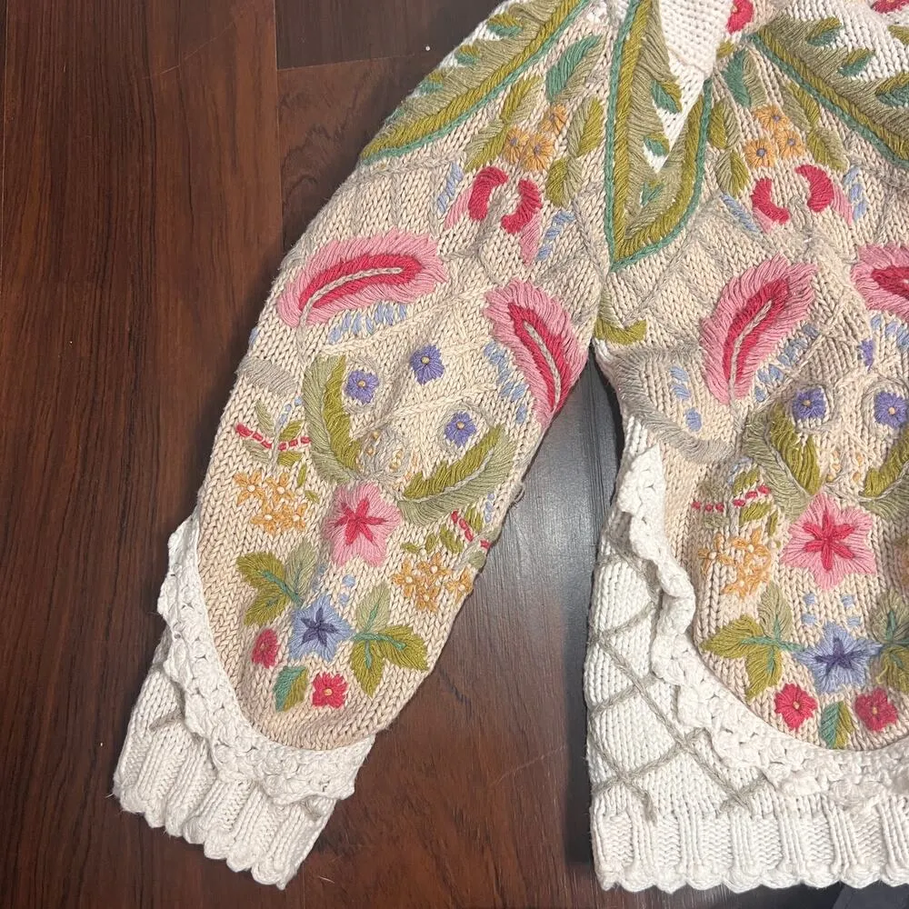 Cullinane Hand Knit Vtg 80s Sweater Floral Button Up VNeck 3d Women’s Sz MED - Image 4