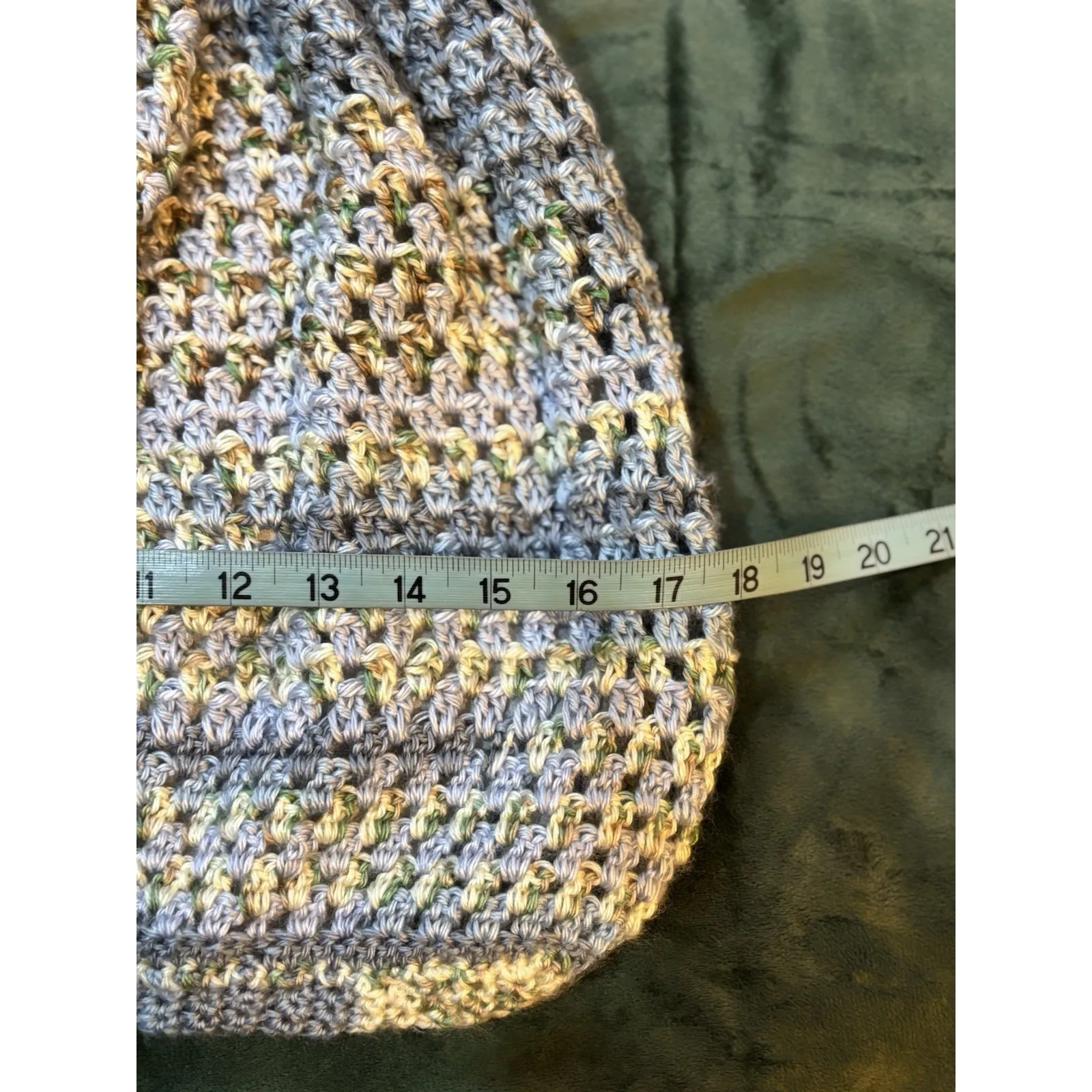 Handmade Crochet Boho Bucket Bag Tie Close Colorful Tie Close Flowers Blue/Green - Image 7