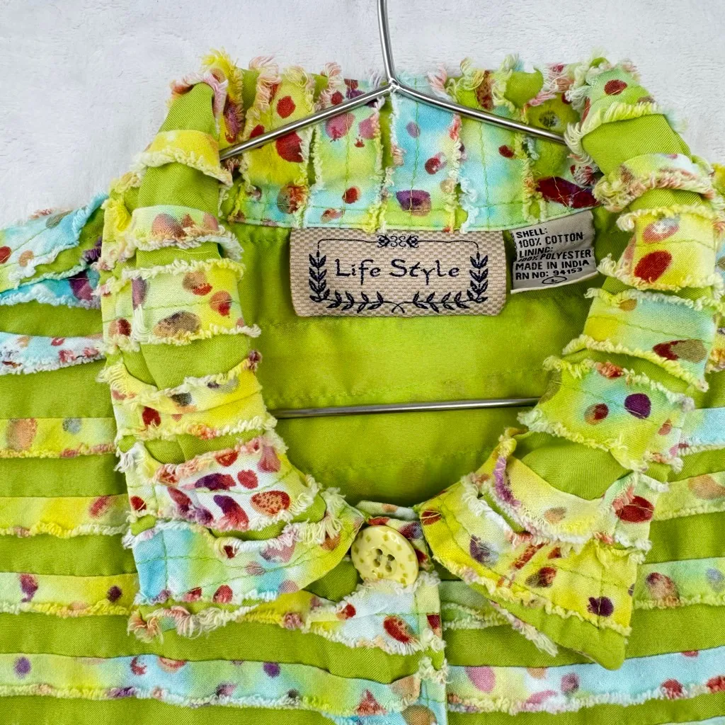Life Style Raw Ribbon Ruffle Green & Pastel Shirt Button Front Fringe Colorful L Size L - Image 4