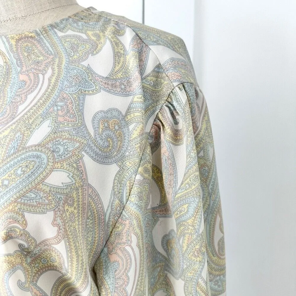 Vintage Paisley Blouse Long Sleeve Button Career Silk Scarf‎ Top Size 10 Pastel Tan - Image 3