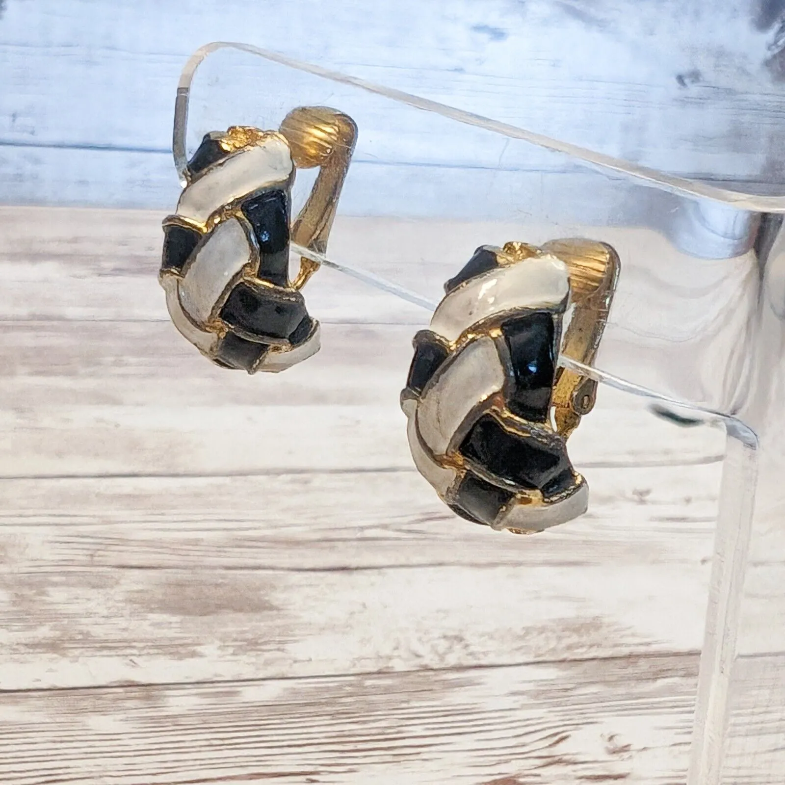 Vintage Clip On Earrings Black, Gold Tone, Off White Half Hoops - Image 3
