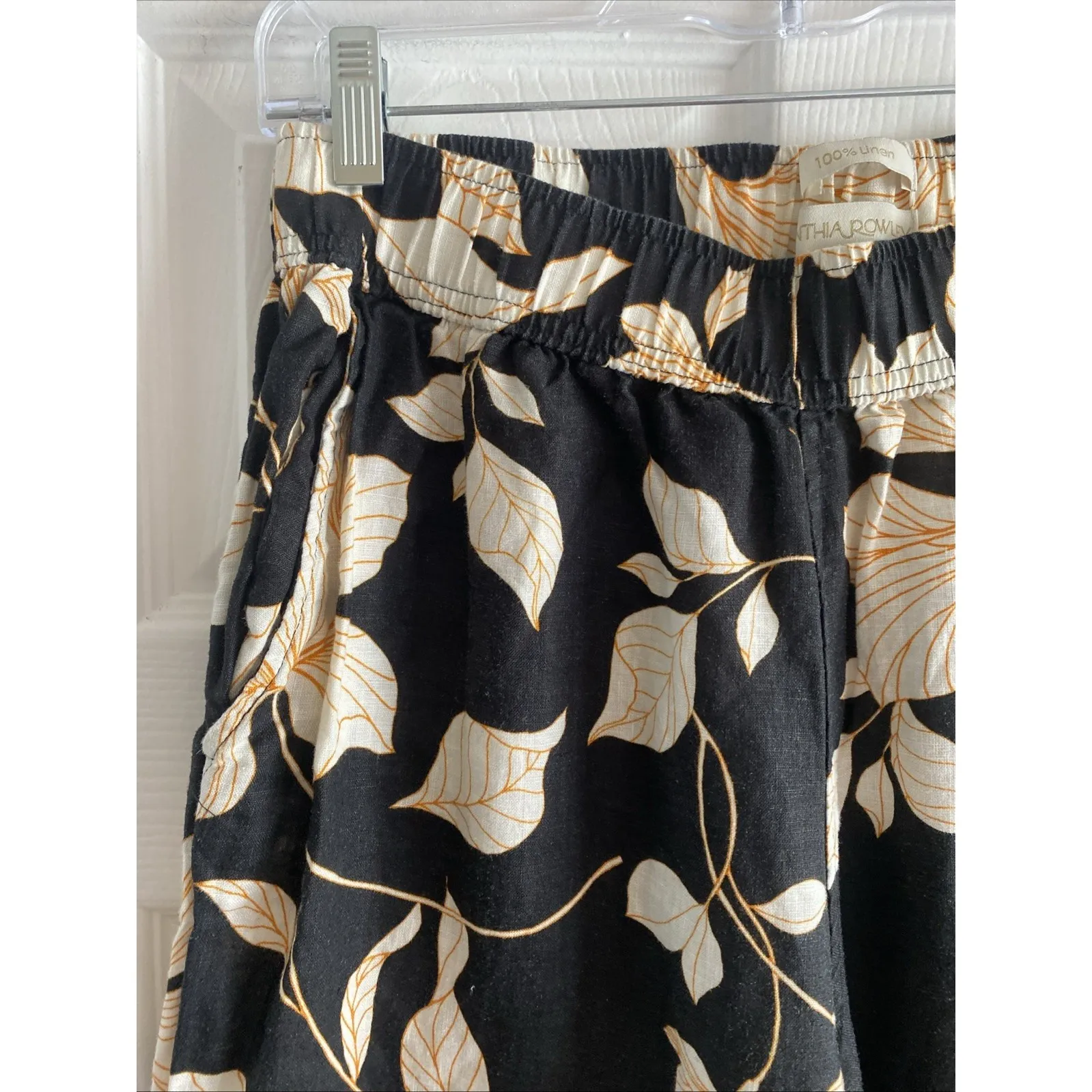 Cynthia Rowley Womens Medium Black Linen Floral Pants Stretch Waist Coastal - Image 2
