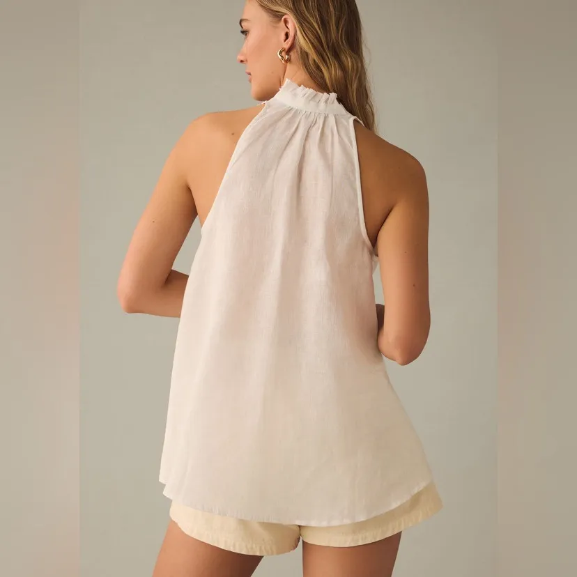 Pilcro Anthropologie Deep-V Sleeveless Flowy Linen White Blouse Bohemian Size M - Image 2