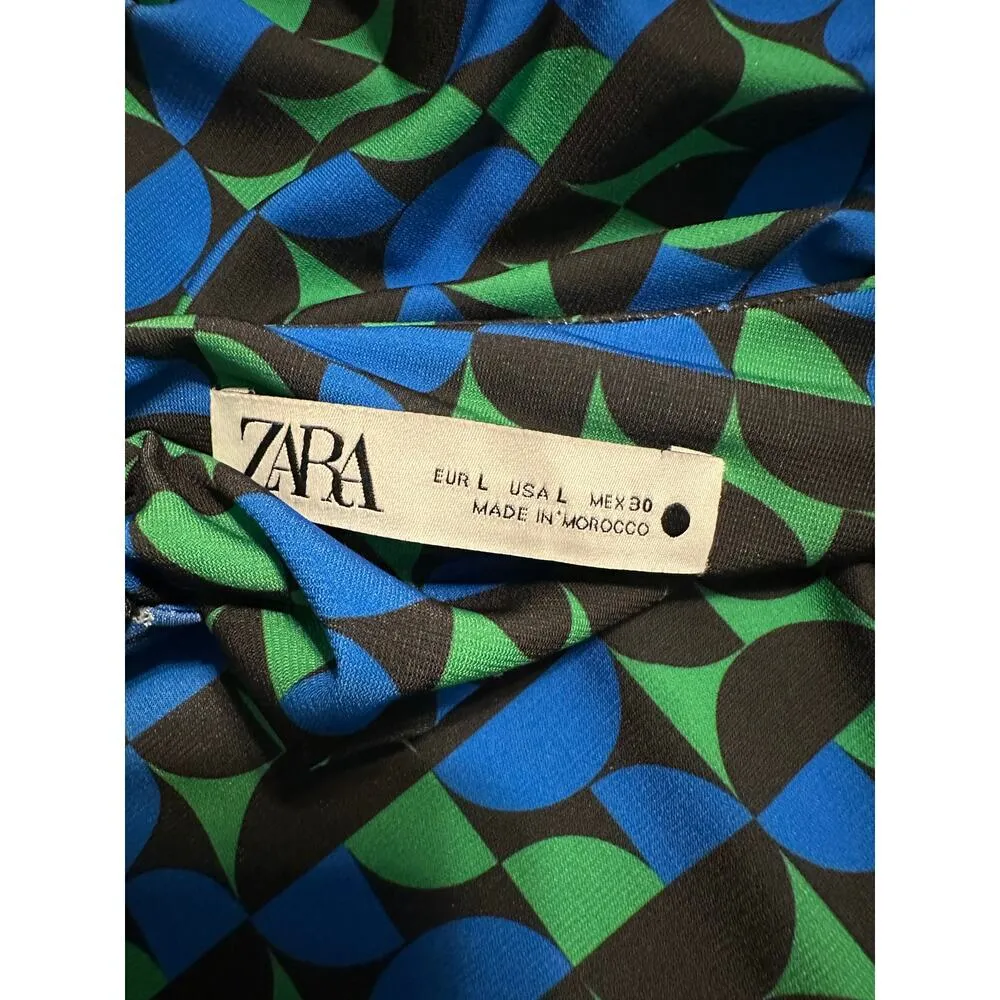 Zara Long Sleeve Geometric Mock Neck Mini Bodycon Dress Size Large Blue Green - Image 4