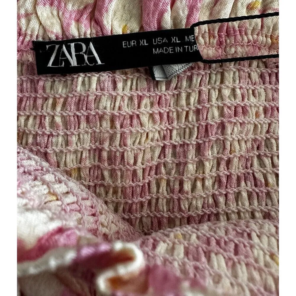 New Zara Women's Pink Yellow Floral Smocked Ruffle Cropped Off Shoulder Top XL - Image 8