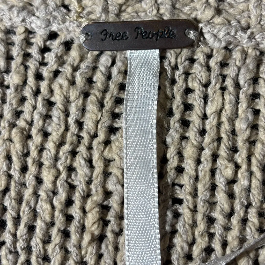 Free People Tan Crew Neck Sweater with Intricate Knit Pattern - Image 3