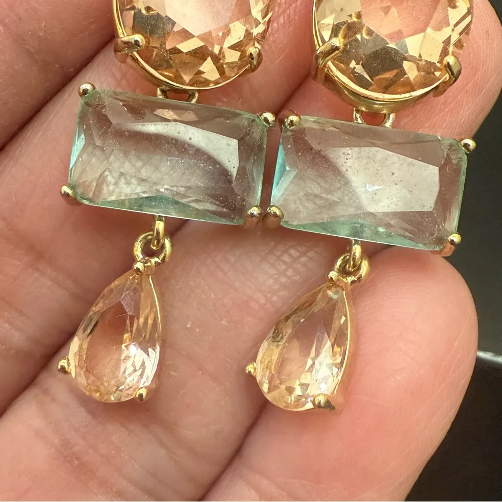 Signed 925 Gold Over Silver Vermeil Peach & Blue Glass Crystal Drop Earrings Pink - Image 10