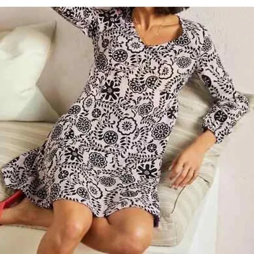 Boden Black‎ White Floral Print Dress Linen Long Sleeve A - Image 2