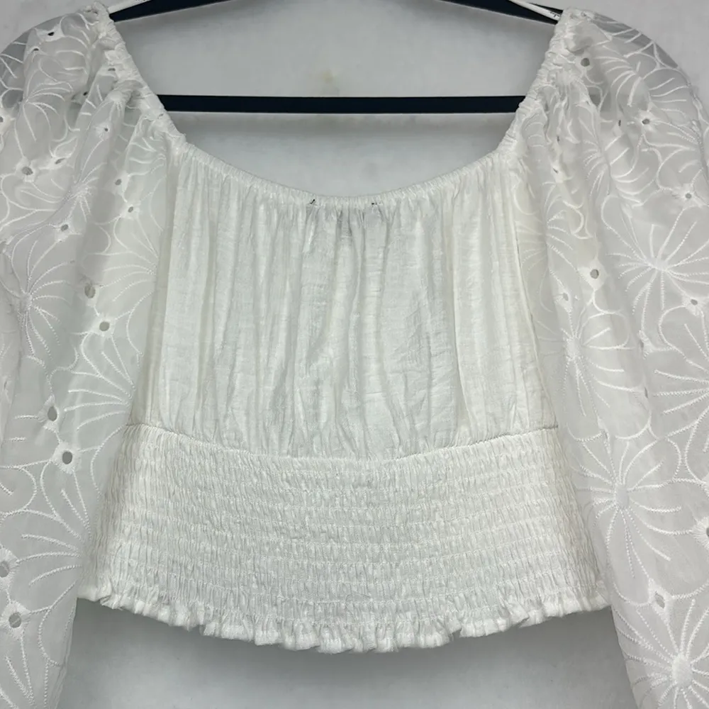 LuLu's Eagerly Anticipate White Embroidered Long Sleeves Floral Crop Top Sz SX - Image 10