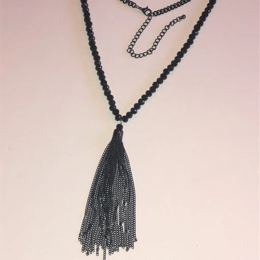 Elegant Black Beaded Boho Tassel Fringe Necklace - Image 3