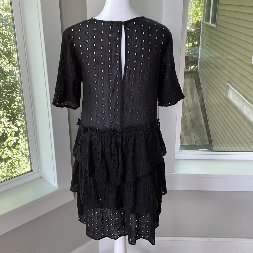 H&M Wednesday Addams Black Eyelet Cotton Tiered Mini Dress Sz 6 - Image 2
