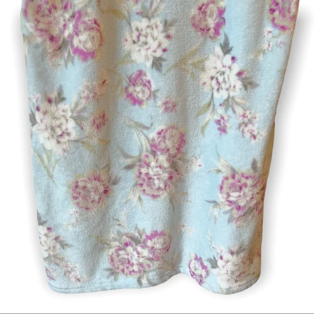 Miss Elaine Plush Floral Printed Brushed Fleece Zip Robe Blue Size M - Image 5