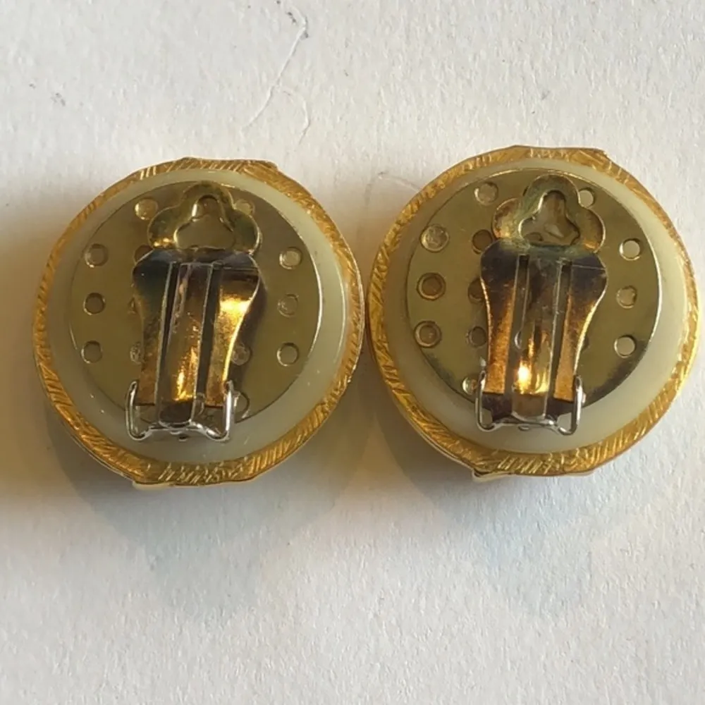 Vintage Satin Soft Gold Tone & Faux Pearl Clip On Earrings - Image 4