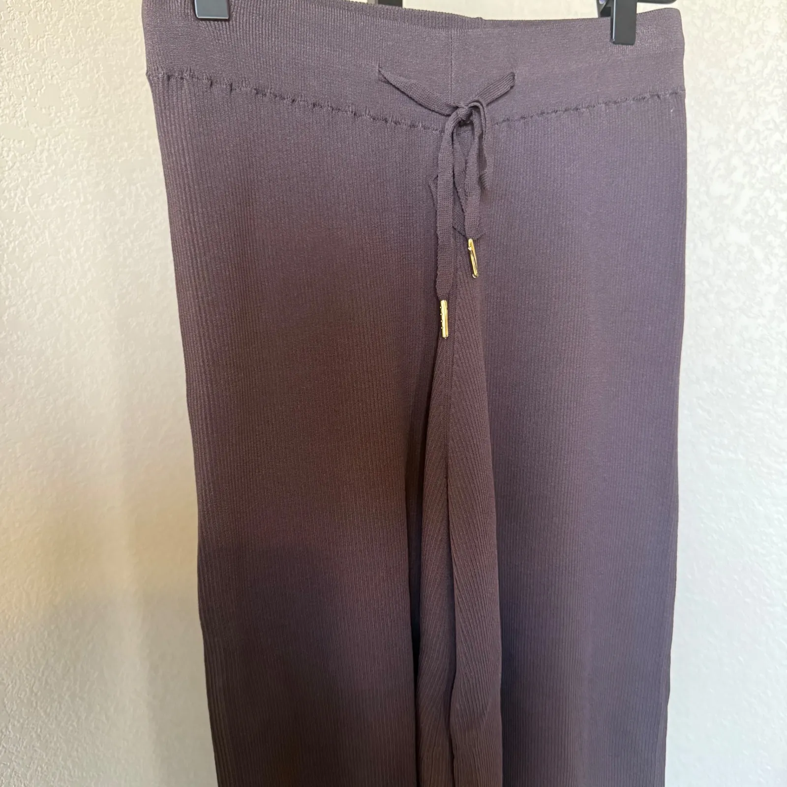 MINKPINK Knit Wide Leg Lounge‎ Pants Drawstring Waist Chocolate Brown Cropped XS - Image 3