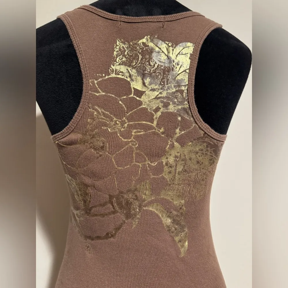 Preloved Bisou Bisou Brown and Gold Floral Design Tank Top size small - Image 8