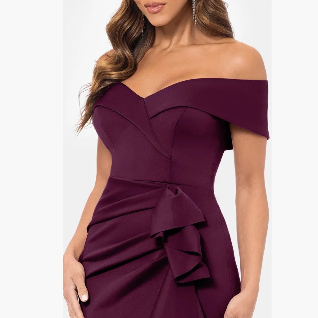 NWOT $278 XSCAPE EVENING Off the Shoulder Ruffle Scuba Crepe Gown In Wine 20W - Image 6