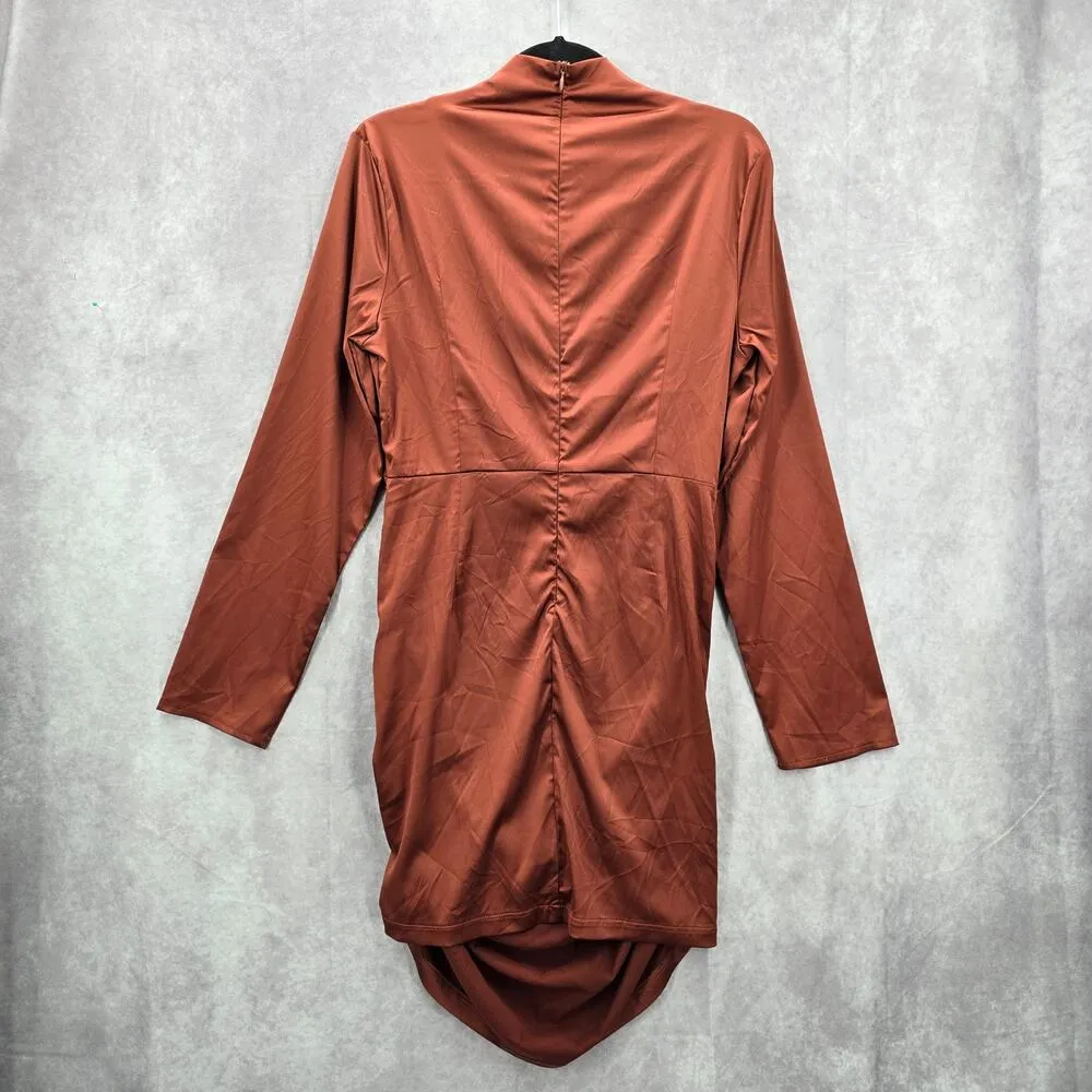 Brown Copper Drape Long Sleeve Zipper Party Y2K Indie Dress Medium 8/10‎ - Image 2