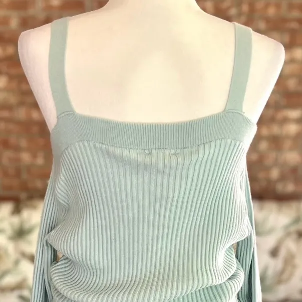 NWT Hem & Thread Sweater Cold Shoulder Ribbed Green Tie Hem S Dressy Party Mod - Image 9