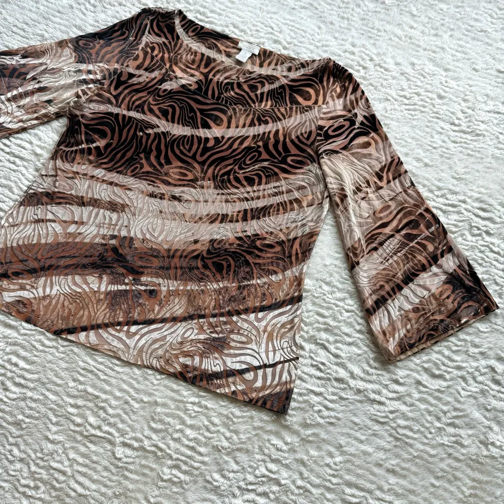 Velvet Burnout Flare Bell Sleeve Top M Gold Brown 90s Y2K Animal Print Fairy - Image 3