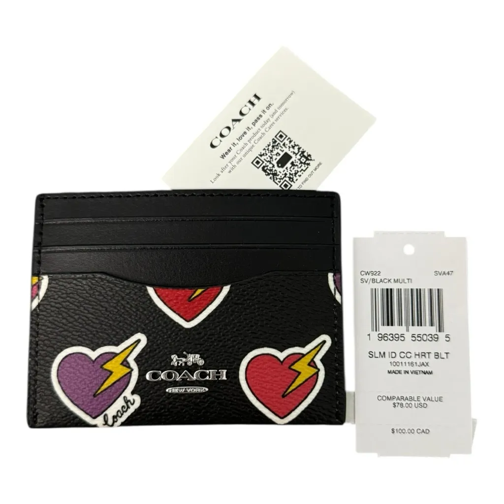 Coach Slim ID Card Case Heart Bolt Print Black Multi NWT - Image 4