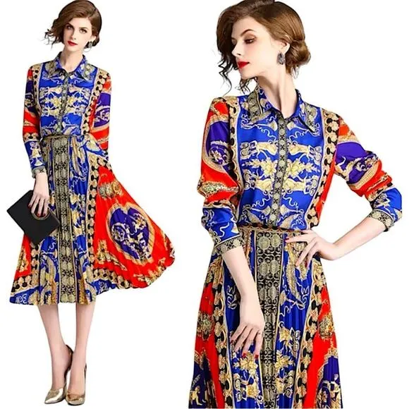 Sz M Ferrara Jaguar and Italian Printed Blouse & Pleated Skirt SET NWT $135 MSRP Blue Size M - Image 2