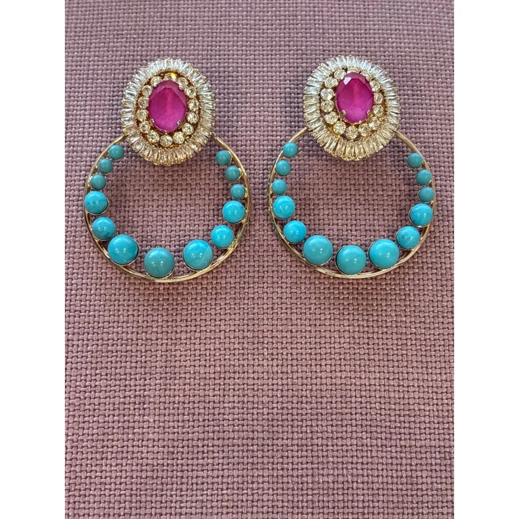 Anton Heunis Gem Cluster Hoop Earrings in Pink Blue Crystal & Gold New Womens - Image 4