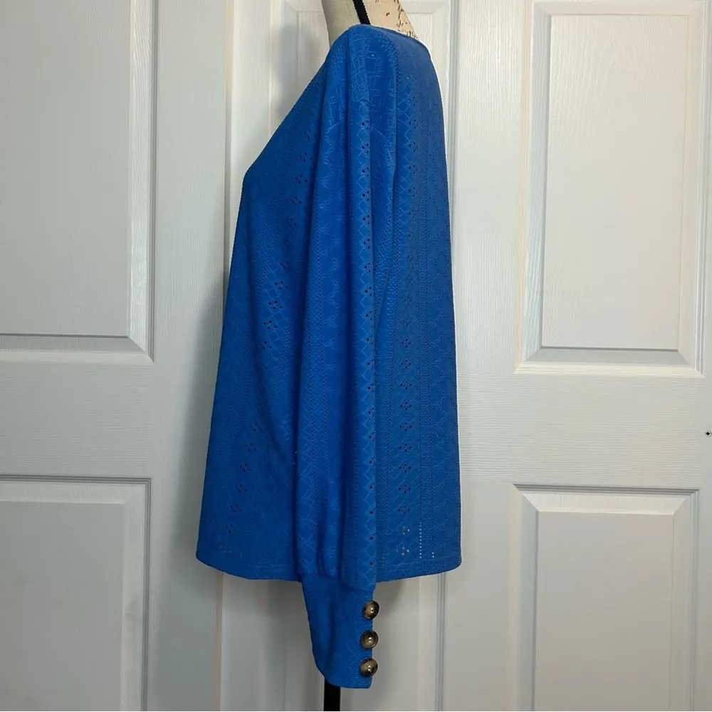 Dokotoo V Neck Long Sleeve Buttons Hollow Out Lace Embroidered Shirt Blue Size M - Image 6