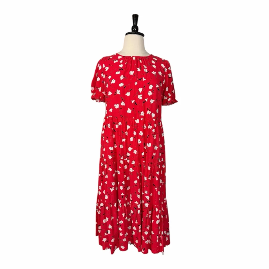J.Crew Midi Dress Short Puff Sleeve Tiered Red Floral Women’s Size XL New NWT - Image 2