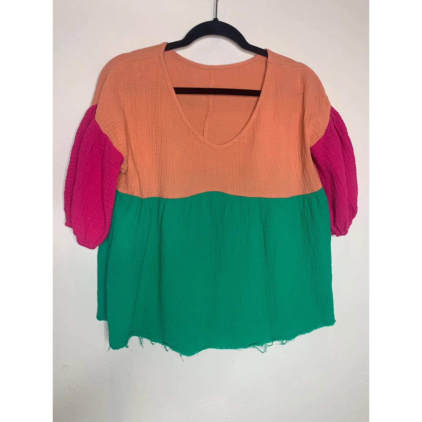 Crinkle Double Gauze Muslin Bright Color Block Babydoll Top Sz Large Green - Image 5