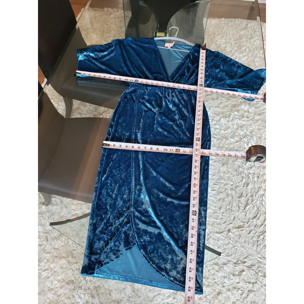 Club L London Wrap Dress Womens 8 Blue Velvet Short Sleeve Cinched Waist V Neck - Image 8