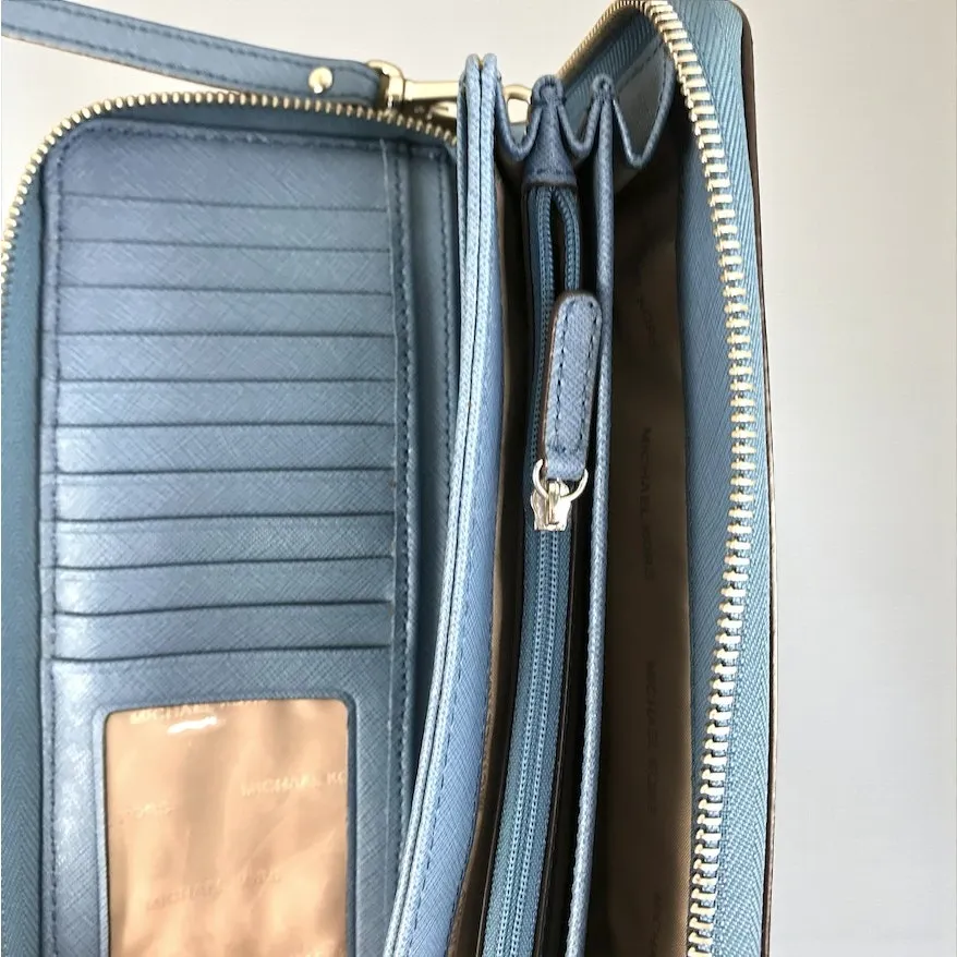 MICHAEL KORS Jet Set Travel Leather Wallet Wristlet Zip Around Card Holder Blue - Image 6