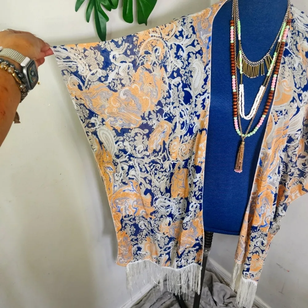 Simonetta Boho Fringe Kimono One Size Orange - Image 2